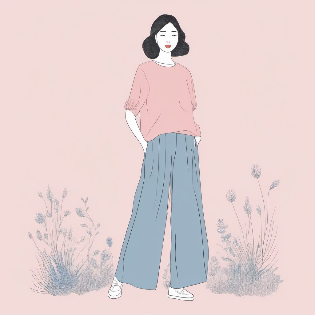 阔腿裤穿搭:日系休闲风粉蓝线稿与布料垂坠感