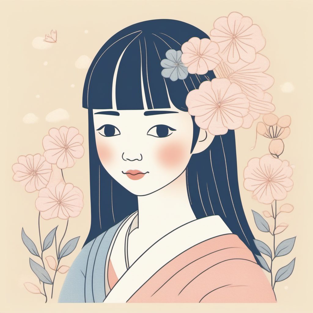 流量密码:手拿小花的粉蓝系极简线稿少女,治愈系插画