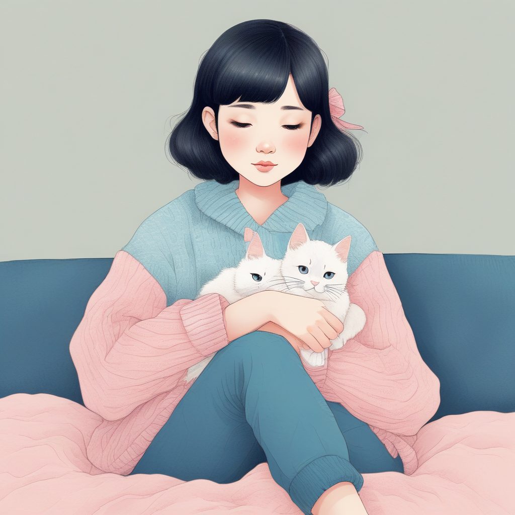 Lo-fi粉蓝氛围:慵懒日系女孩与猫咪,极简纯色背景创作