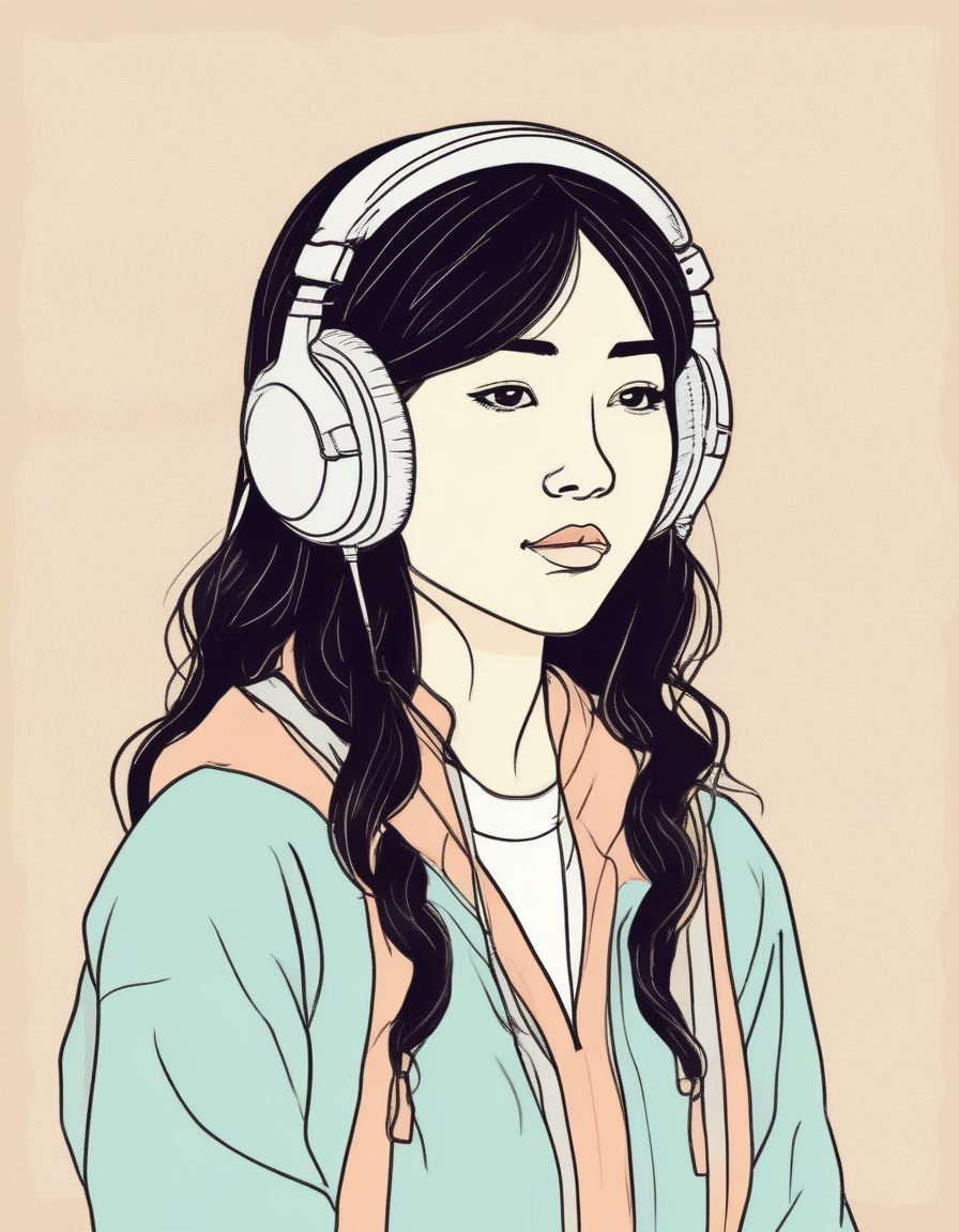 Lo-Fi音乐氛围感:耳机女孩线稿肖像与纯色背景的视觉表达