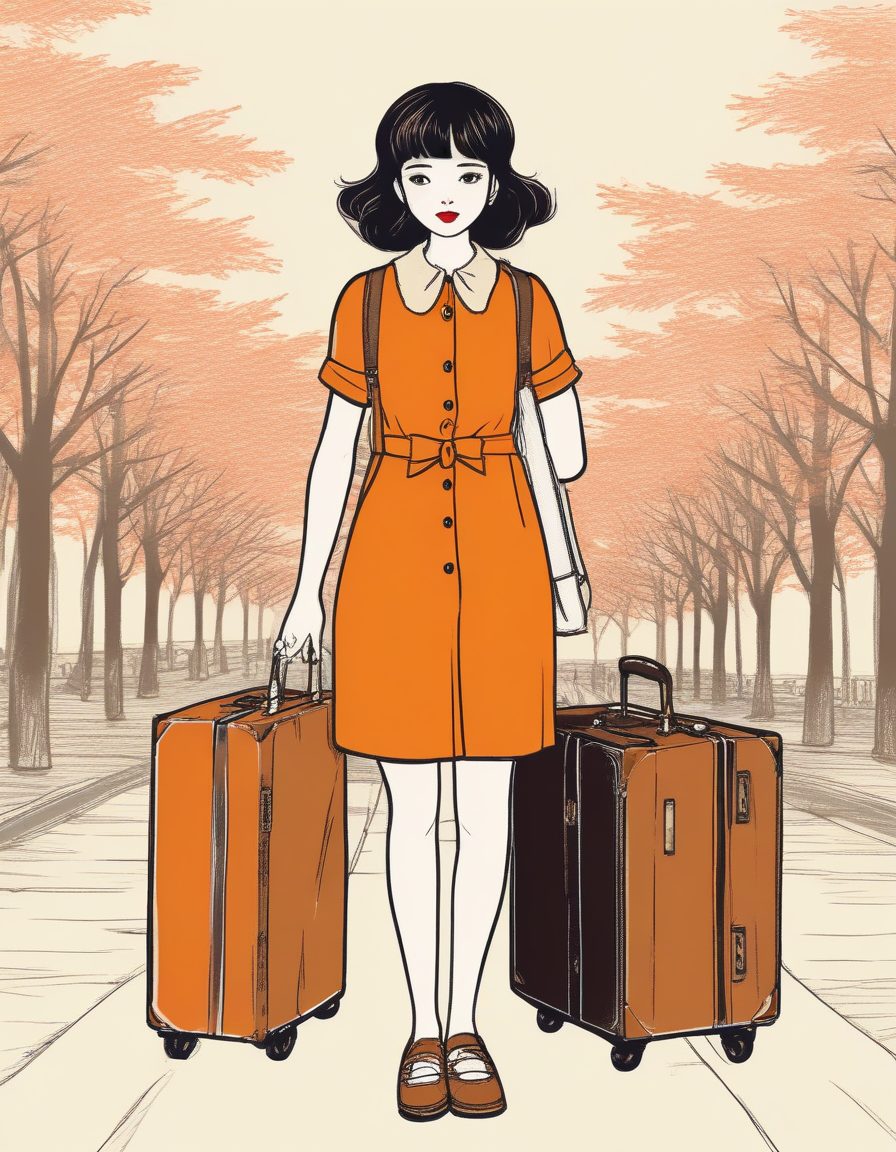 旅行主题：带着小行李箱的少女线稿插画纯色背景