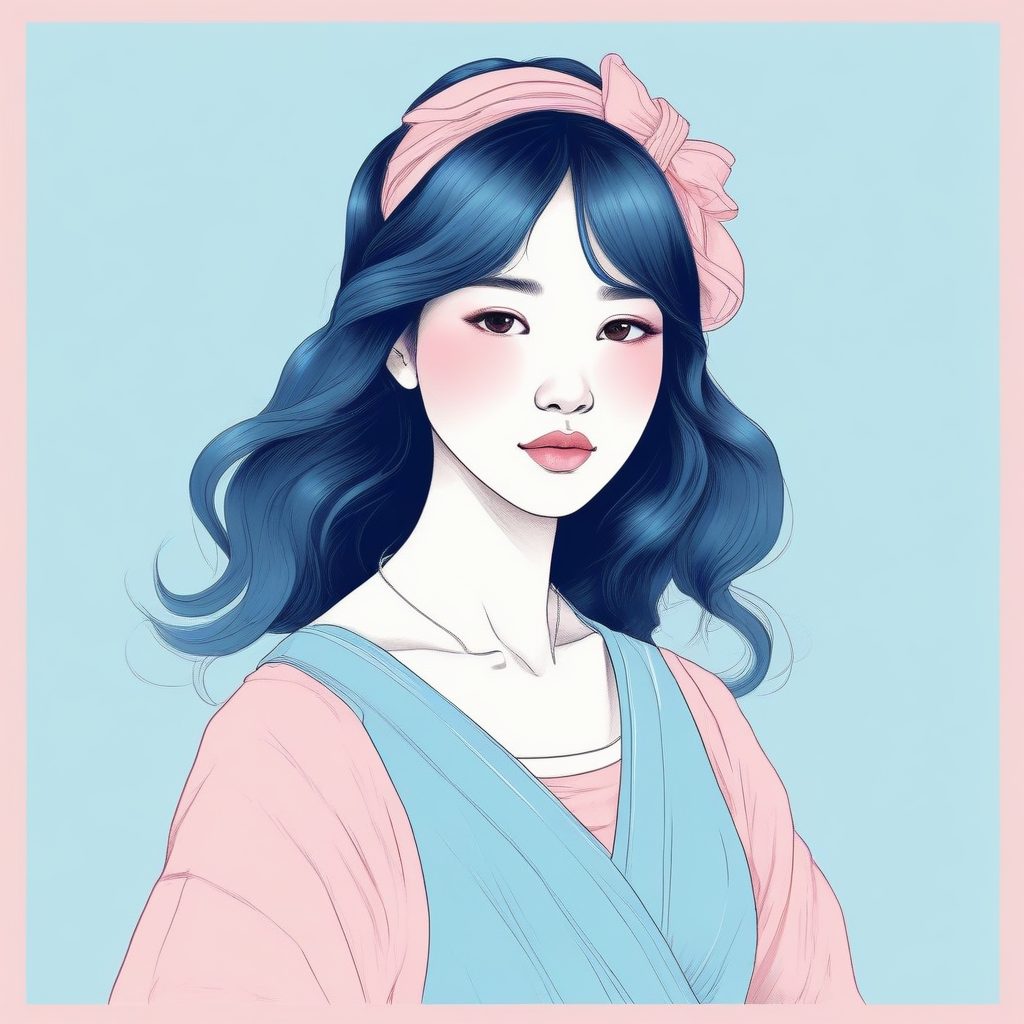 马卡龙配色:AI生成日系少女清冷感粉蓝线稿插画