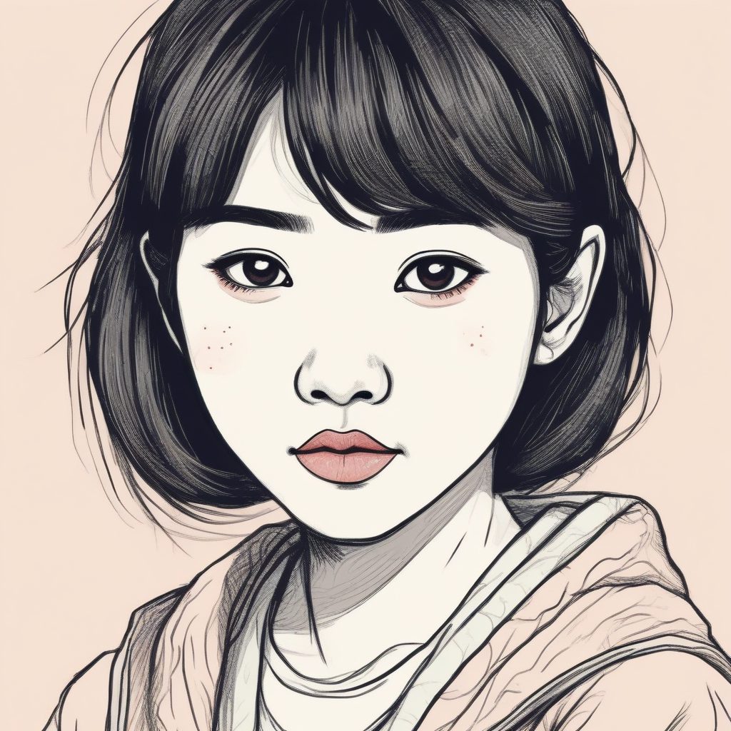 漫画家手稿风：粗线条蜡笔线稿插画，日系少女情绪头像，纯色背景