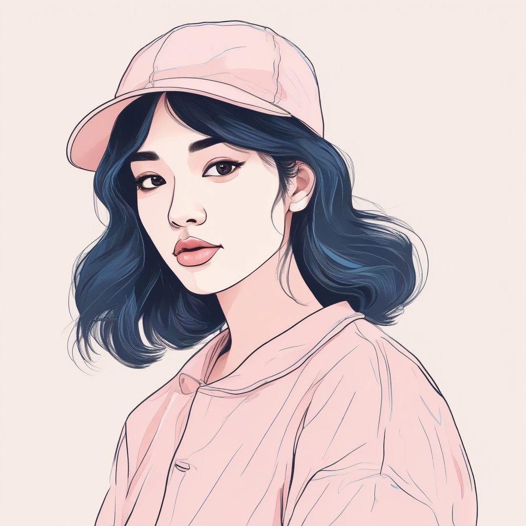 漫画线条感插画：极简线稿女孩肖像，柔和边缘，粉蓝纯色背景。