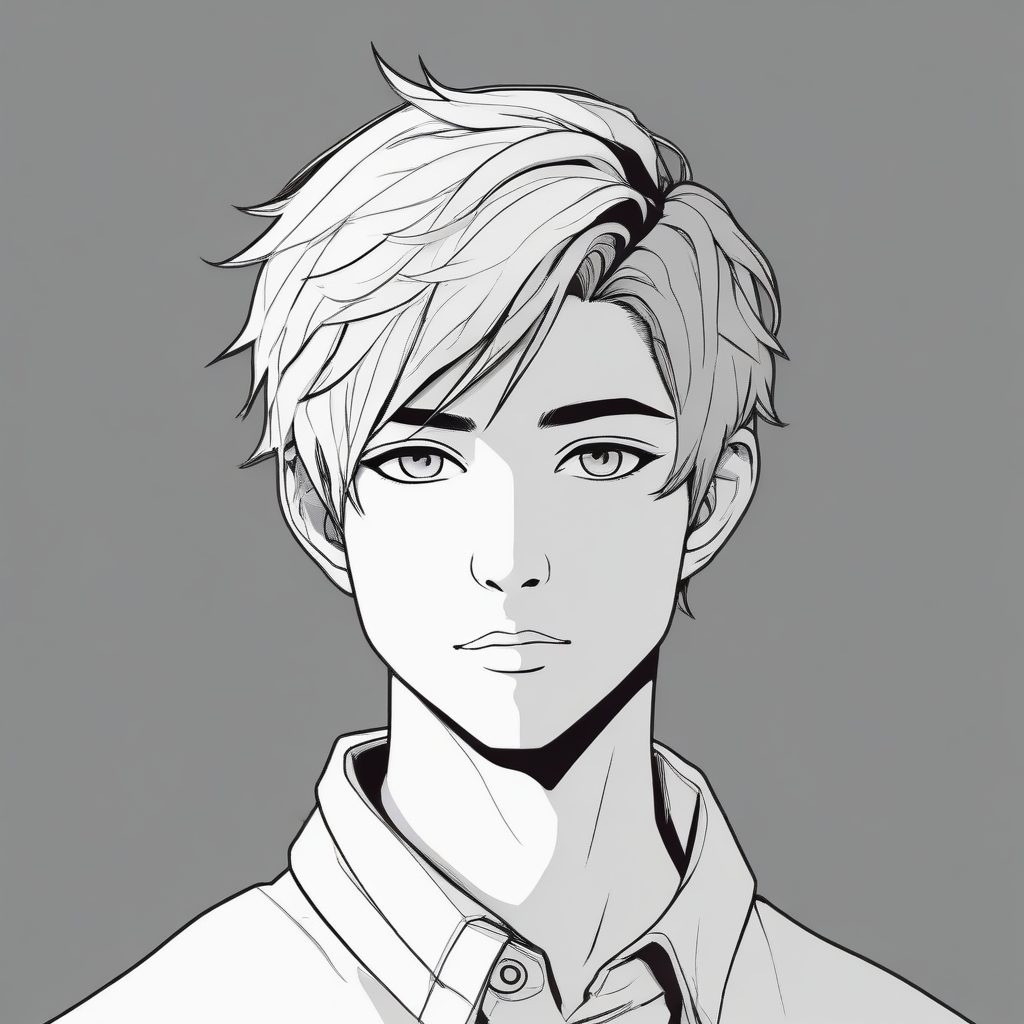 漫画线条特写！日系时尚男生肖像，极简主义构图，高冷黑白灰配色