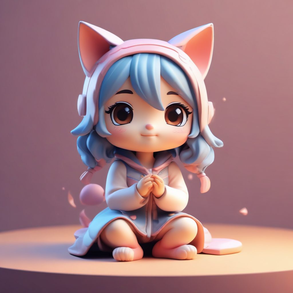 猫咪控Q版：戴着猫耳，跪地逗猫的治愈系可爱动作