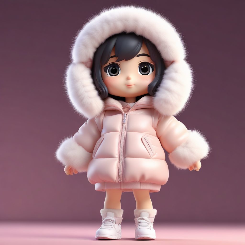 毛绒帽兜羽绒服：Q版女孩抬头惊喜瞬间的3D建模提示词
