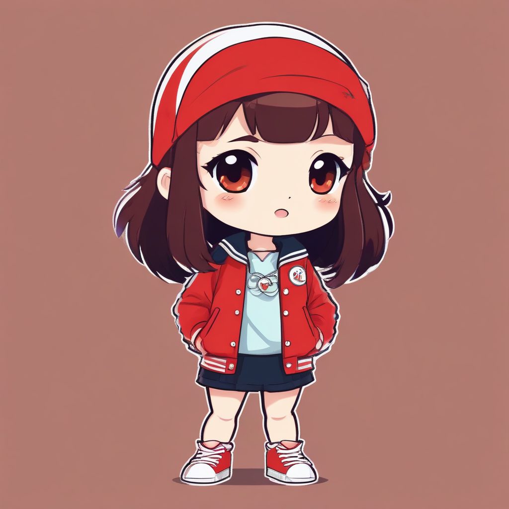 🧶美式复古校园Chibi：棒球外套全身像，纯深红背景生成