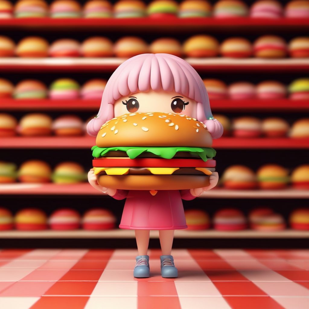美食家日常:抱着巨大汉堡的满足Q版人物 3D插画