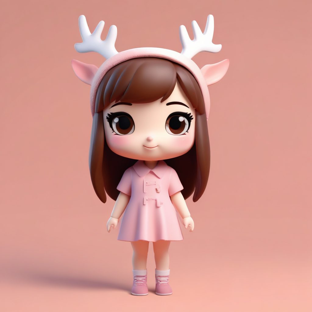 萌宠联名款！戴鹿角头箍的Q版女孩，粉嫩色系，C4D建模级全身像
