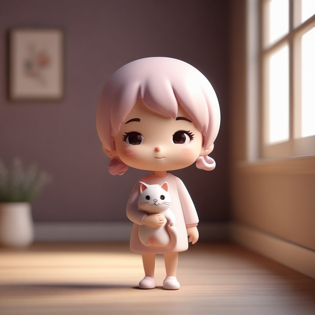 萌宠治愈系:Q版小人紧紧抱着小猫的温馨表情动作AI图