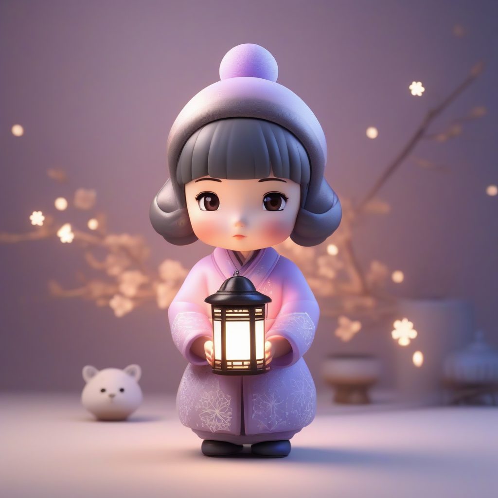 梦幻冬日：手持小灯笼的旗袍女孩，C4D景深效果与软光线提示词