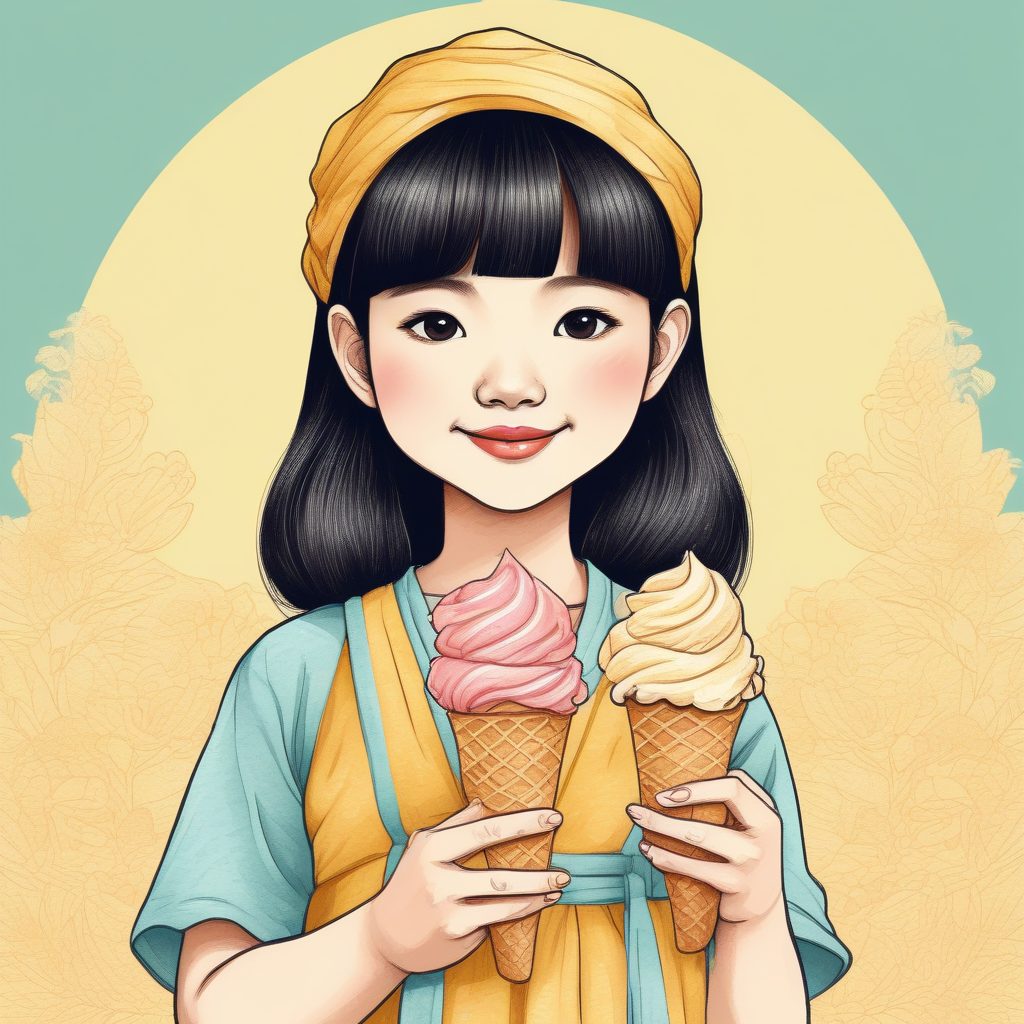 梦幻光影手绘！日系少女手拿冰淇淋，童话书风插画提示词