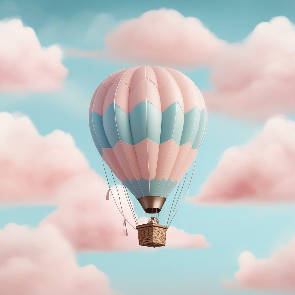 梦幻旅行灵感:极简粉蓝热气球插画提示词与纸张纹理应用