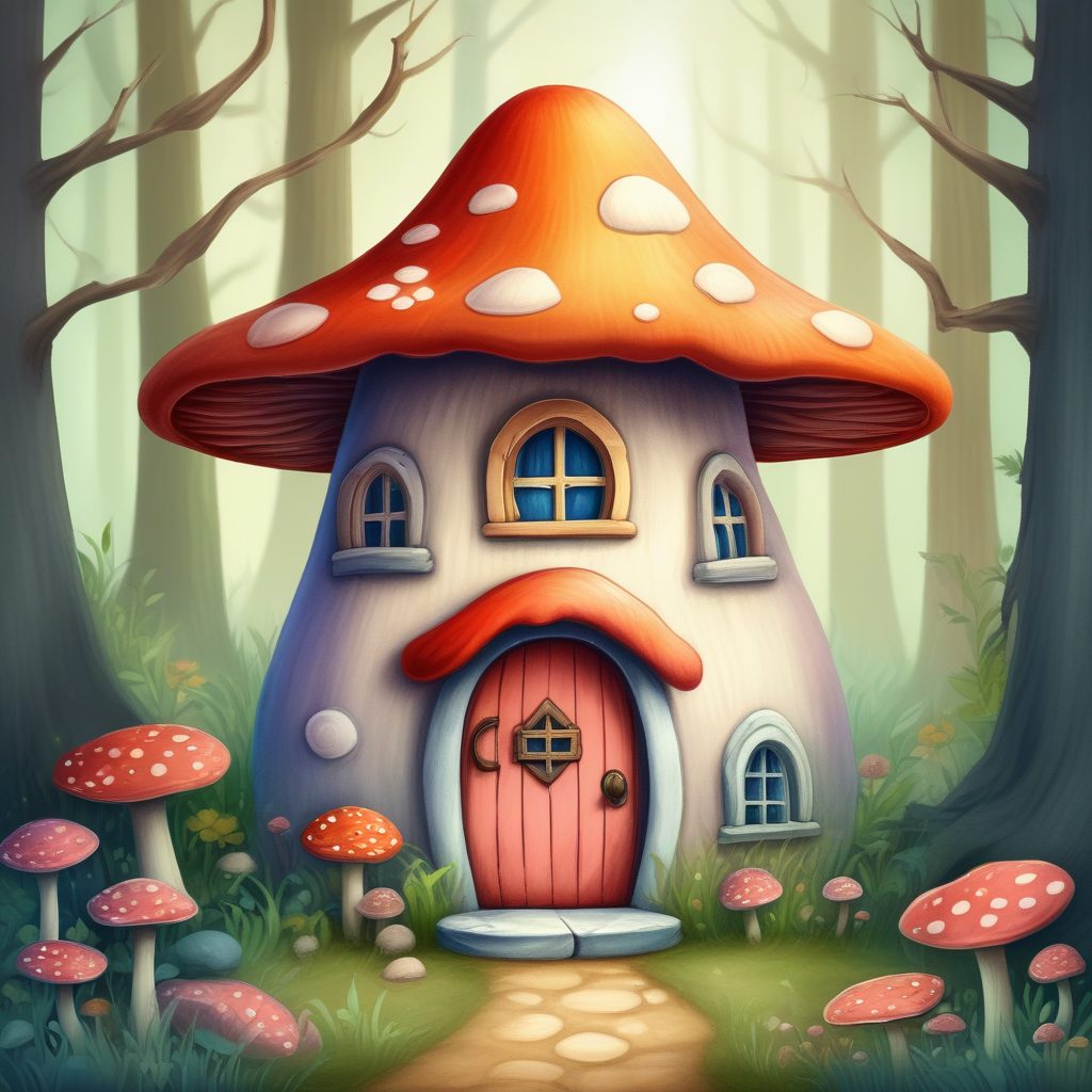 梦幻童话风:AI生成蘑菇屋扁平插画(异想天开配色)