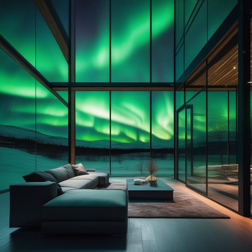 梦幻星空:AI绘制8K极光观景房,现代极简风格的透明穹顶设计