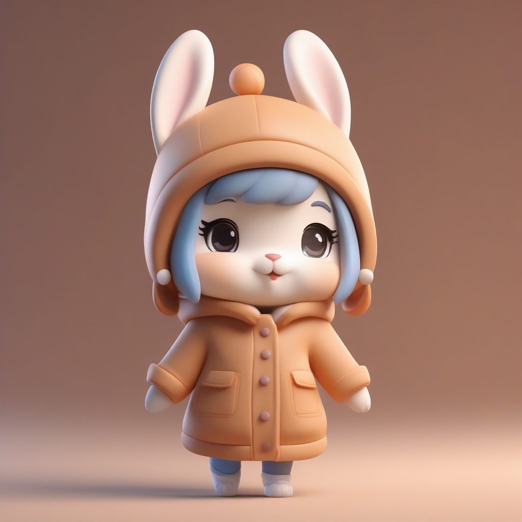 萌系3D渲染：兔耳娘Q版冬装，焦糖色大衣搭配元气表情