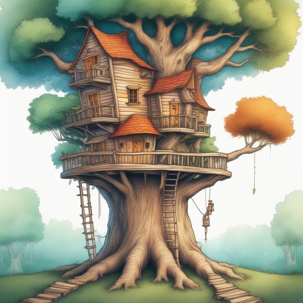 🌲秘密基地！Midjourney生成树屋探险绘本风插画，独特纸张纹理