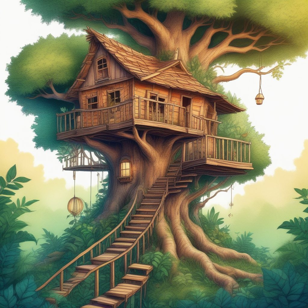 秘密树屋插画：异想天开的蜡笔风，童话冒险感壁纸