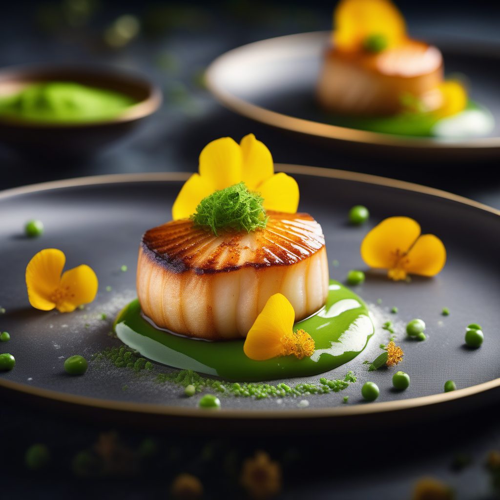 米其林创意:顶级煎扇贝的美食摄影提示词,捕捉焦糖化与蒸汽