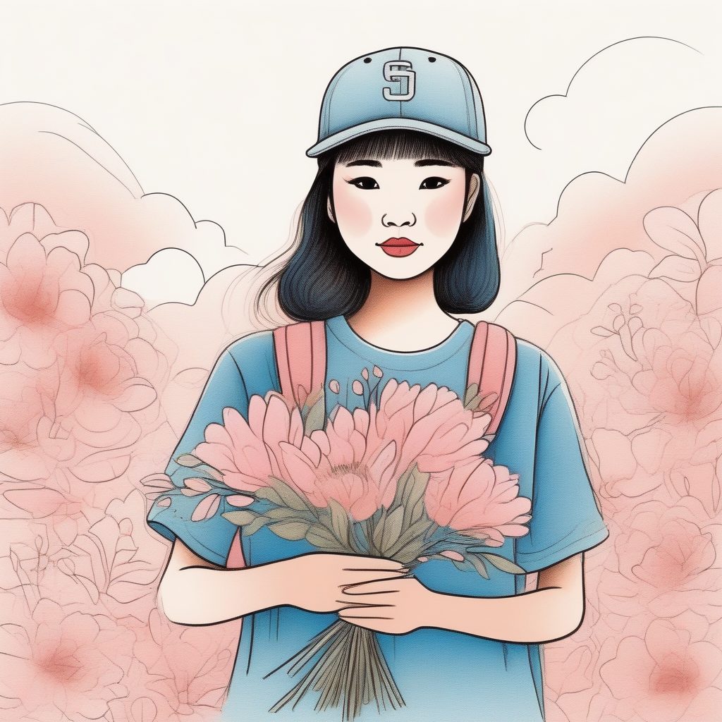 Midjourney爆款提示词:日系女孩手持鲜花和棒球帽造型
