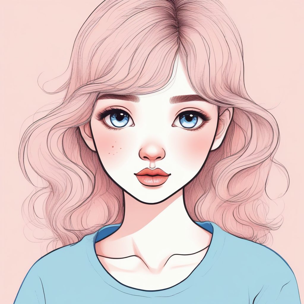 Midjourney爆款提示：极简线稿手绘女孩，清冷粉蓝色系，高级感壁纸！