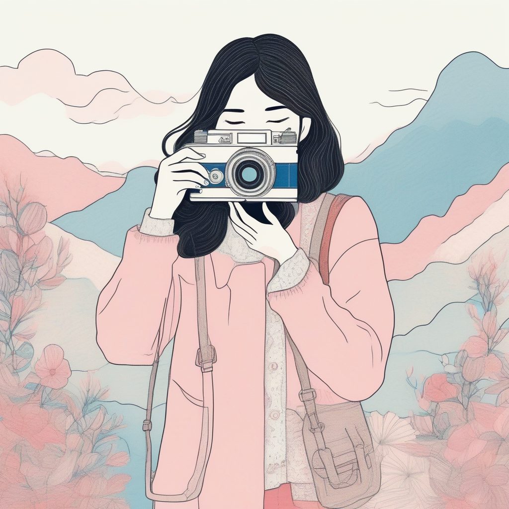 Midjourney长尾词:日系女孩与复古相机造型的极简插画