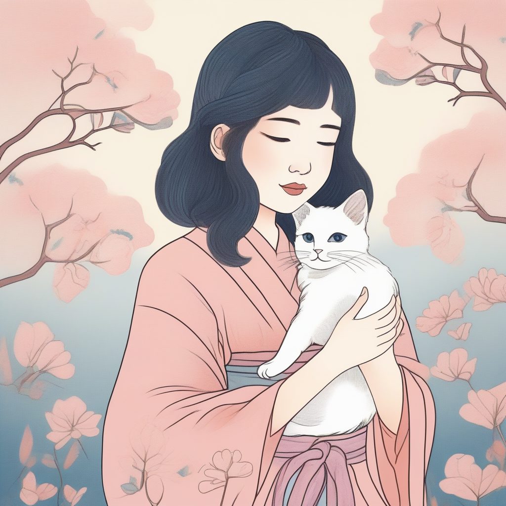Midjourney长尾词:软萌女孩抱着猫咪的粉蓝治愈系插画