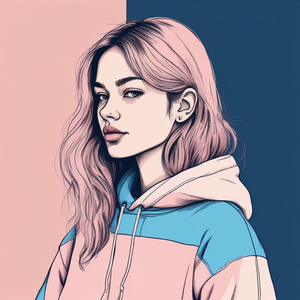 Midjourney：超美故事书风格插画，粉蓝百搭卫衣女孩线稿