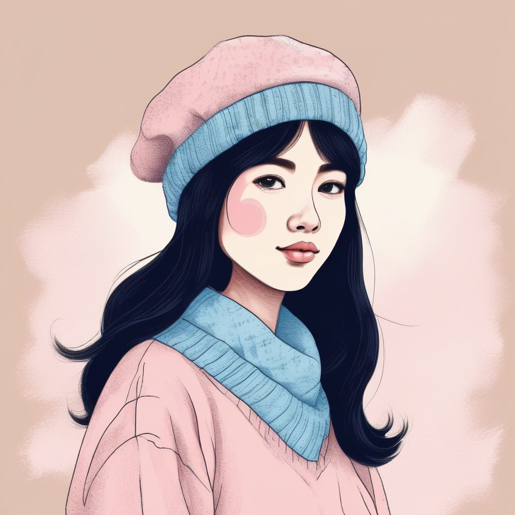 Midjourney出图:治愈系日系女孩穿搭,粉蓝毛衣与贝雷帽