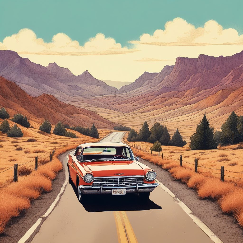 Midjourney复古旅行：公路尽头的老爷车，怀旧蜡笔画风，氛围感拉满！