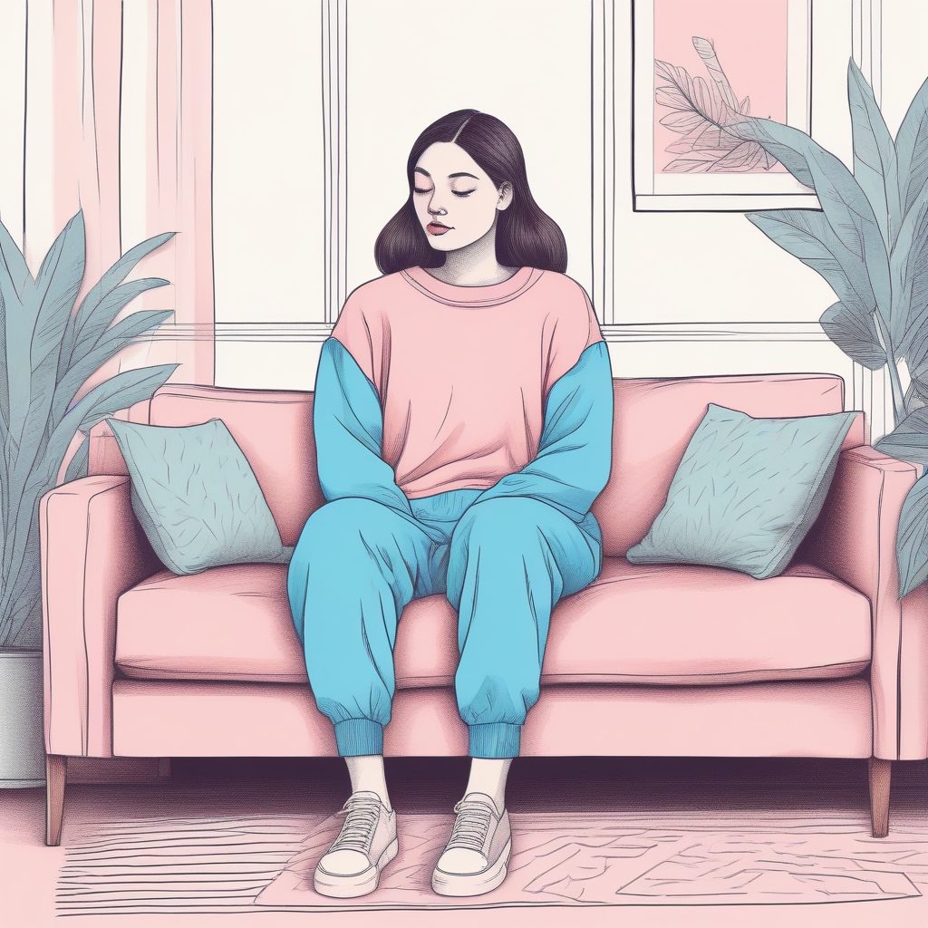 Midjourney高出图率：极简线稿插画，慵懒家居服女孩