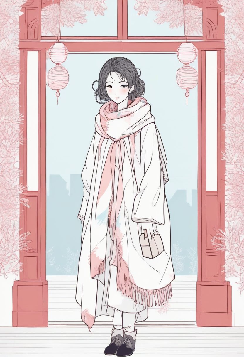 💖 Midjourney高阶：超干净线稿日系少女，围巾与温柔雪花，纯色背景壁纸。