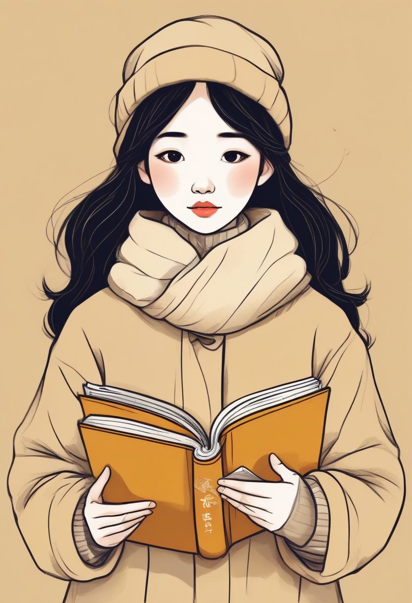 🌟Midjourney神咒：韩系少女冬日穿搭，纸张纹理线稿插画全身壁纸