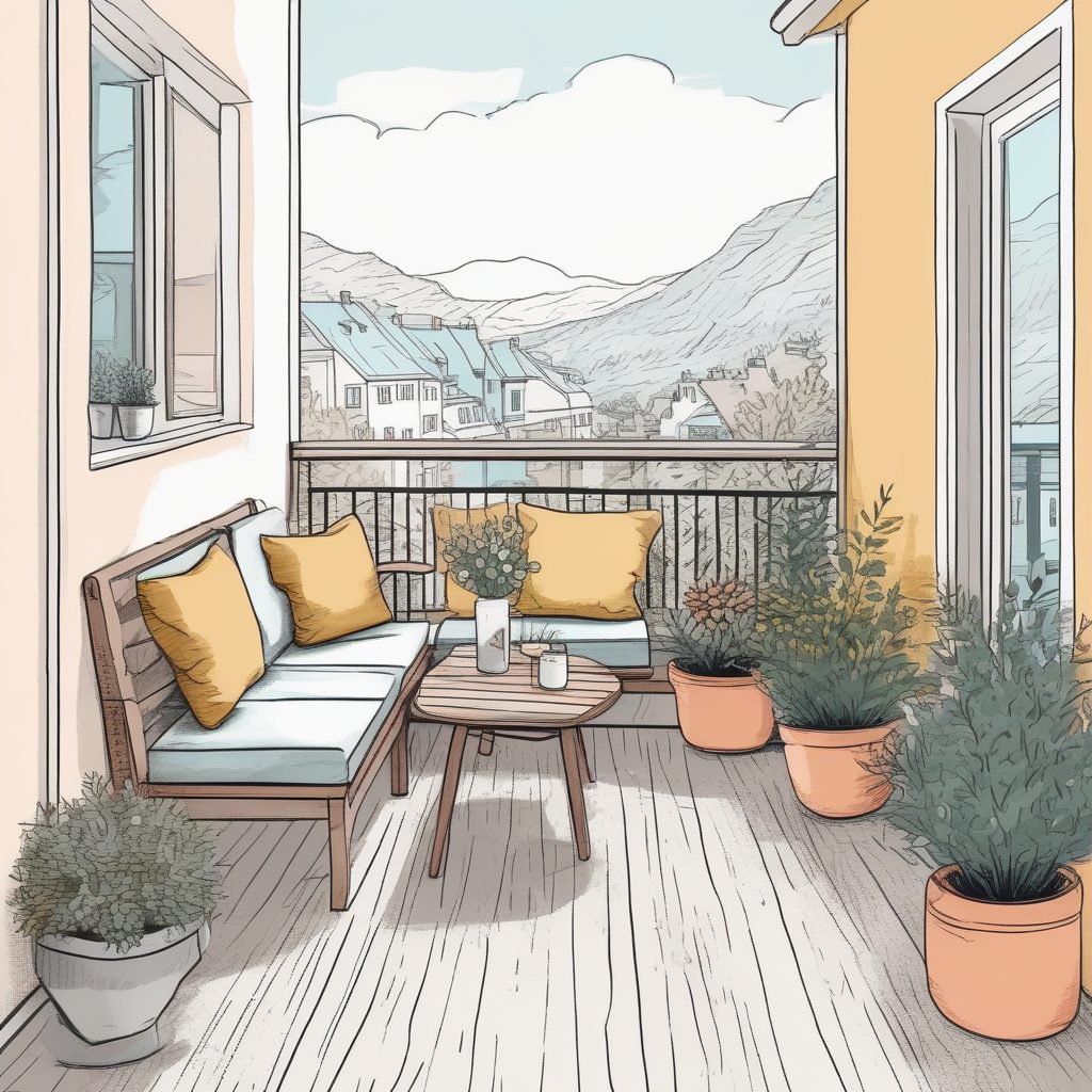 Midjourney提示词：北欧风阳台休息区手绘插画，高治愈度+柔和粉彩色调