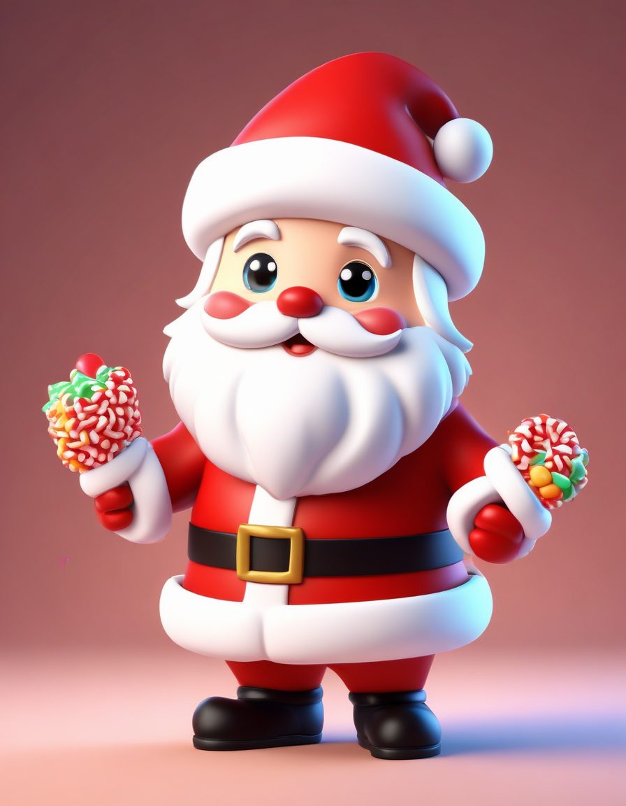 Midjourney咒语:Q版圣诞老人撒糖,软萌黏土风,节日氛围感壁纸
