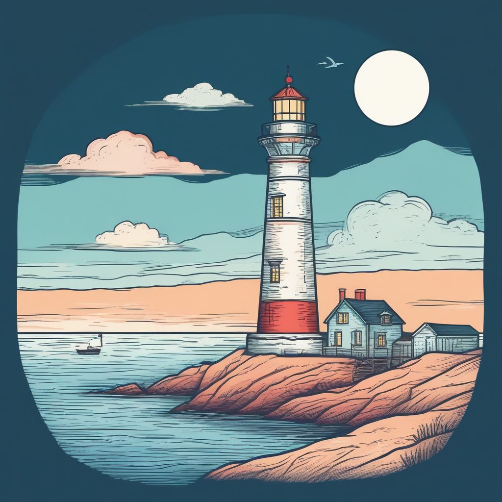 Midjourney咒语：童话感日系灯塔插画，海边手绘风景，粉彩配色绝美