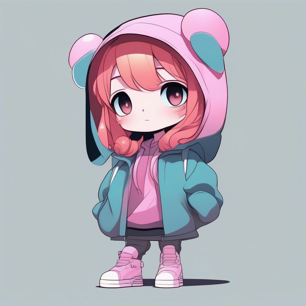 极简风Q版女孩:SD/MJ必备纯色背景全身像提示词,潮流街头穿搭。