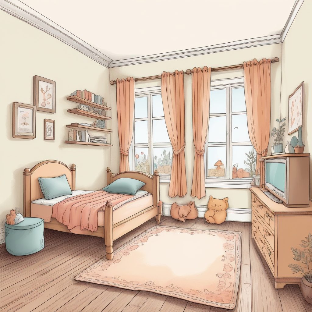 SD/MJ提示词：北欧风极简儿童房插画，奶油配色，超适合做贺卡