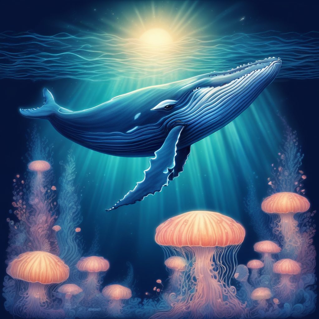 🐳蓝色治愈！海底鲸鱼手绘插画风，SD/MJ通用临摹素材