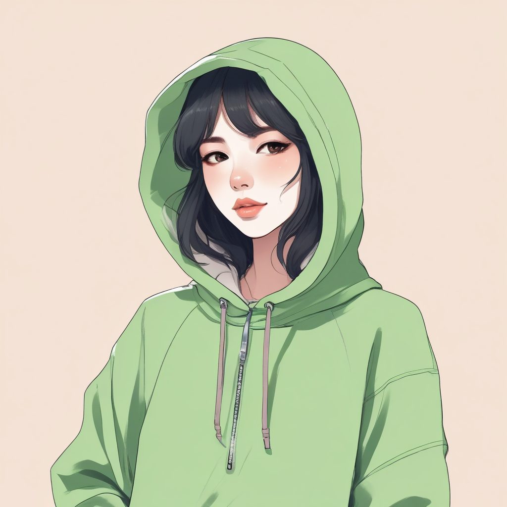 🍵抹茶绿治愈系 | 宽松卫裤少女全身线稿图,日系低饱和配色