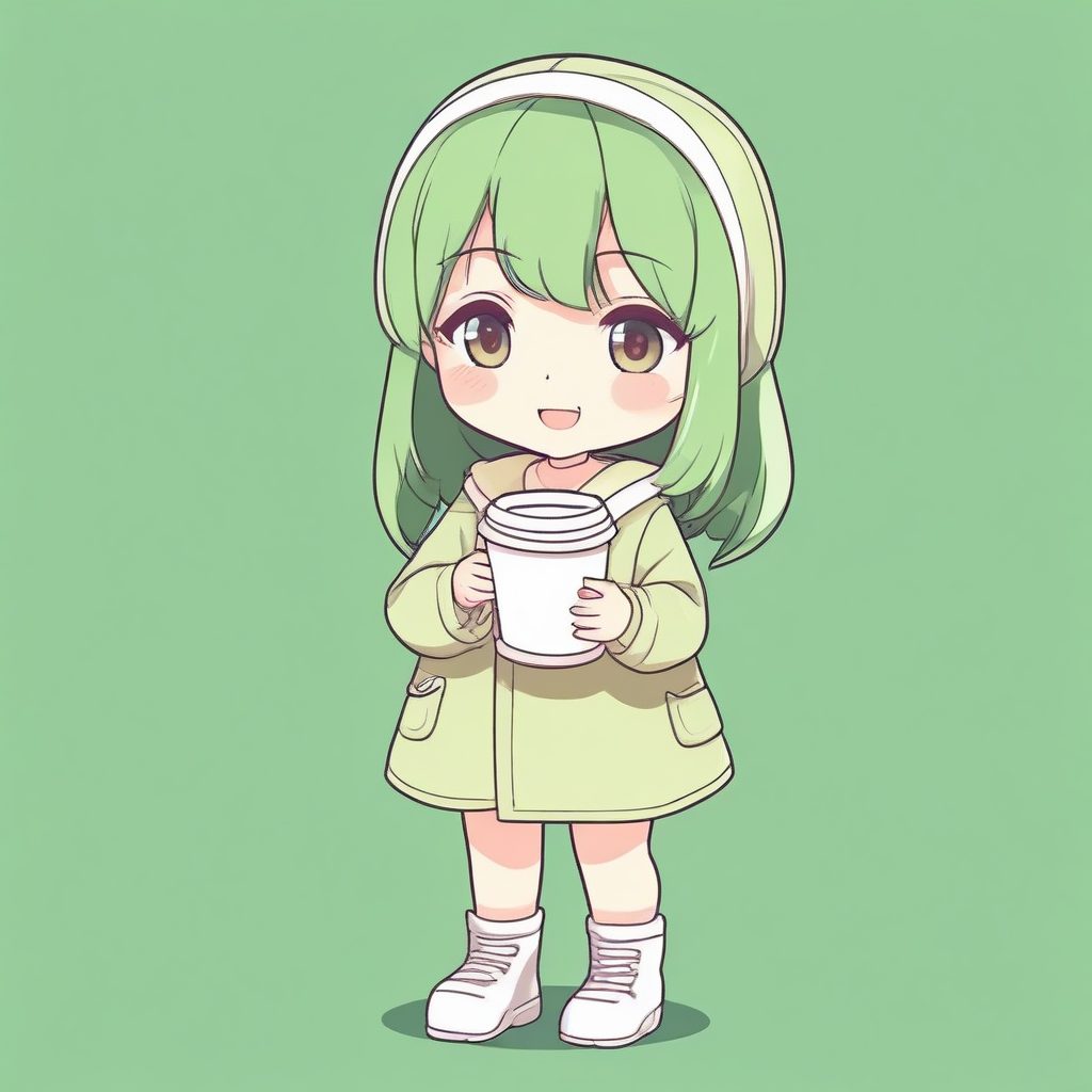 💚抹茶拿铁Chibi：清新治愈系Q版全身像，纯淡绿色背景