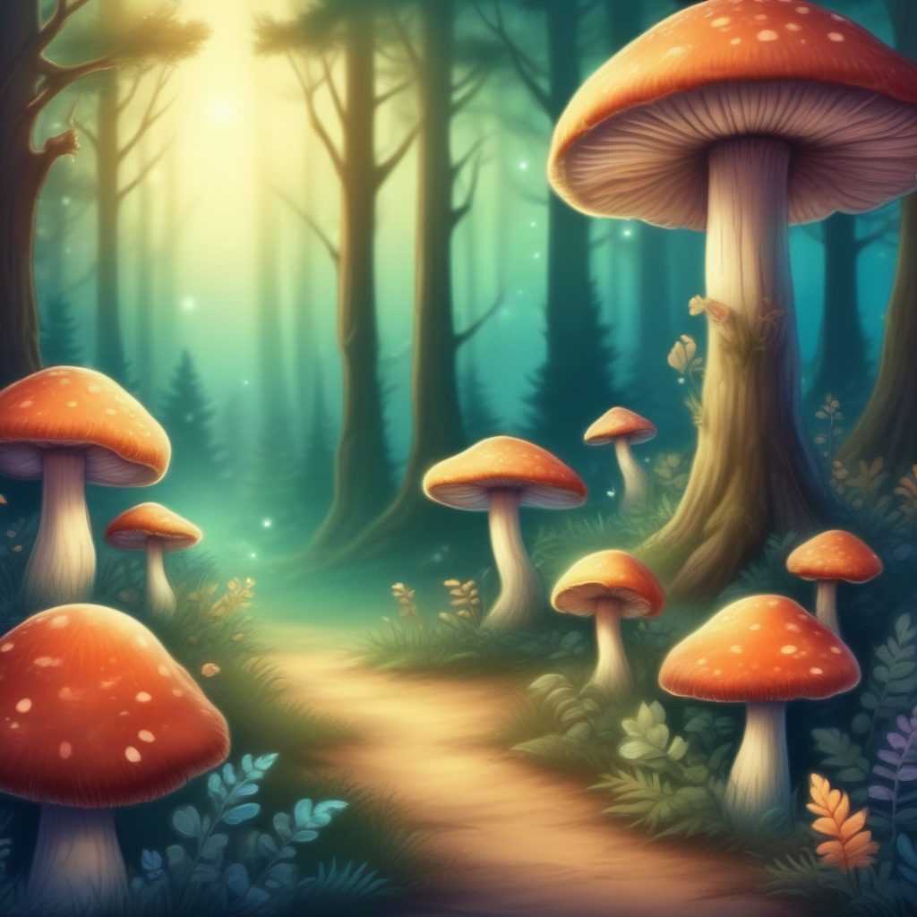 魔法森林治愈系插画：发光蘑菇与小精灵，宝藏故事书画风