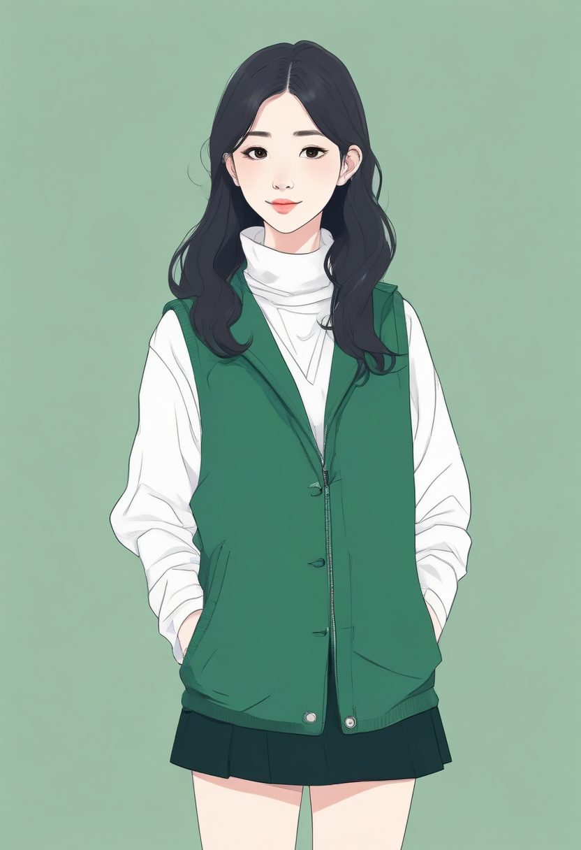 🌲墨绿撞色！甜酷韩系少女冬日穿搭极简插画，全身照纯色背景