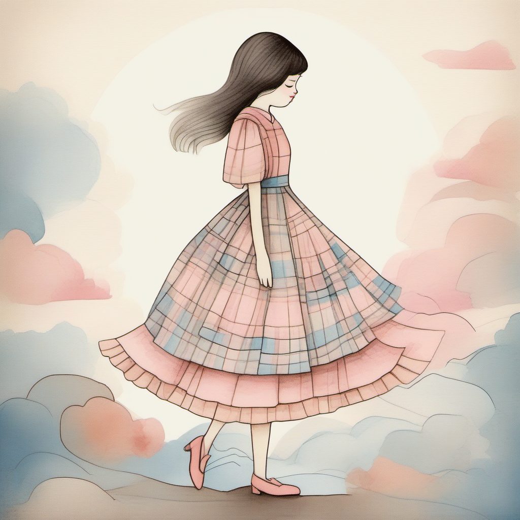 Mori森系甜美风:田园格纹与粉蓝线的AI线稿艺术