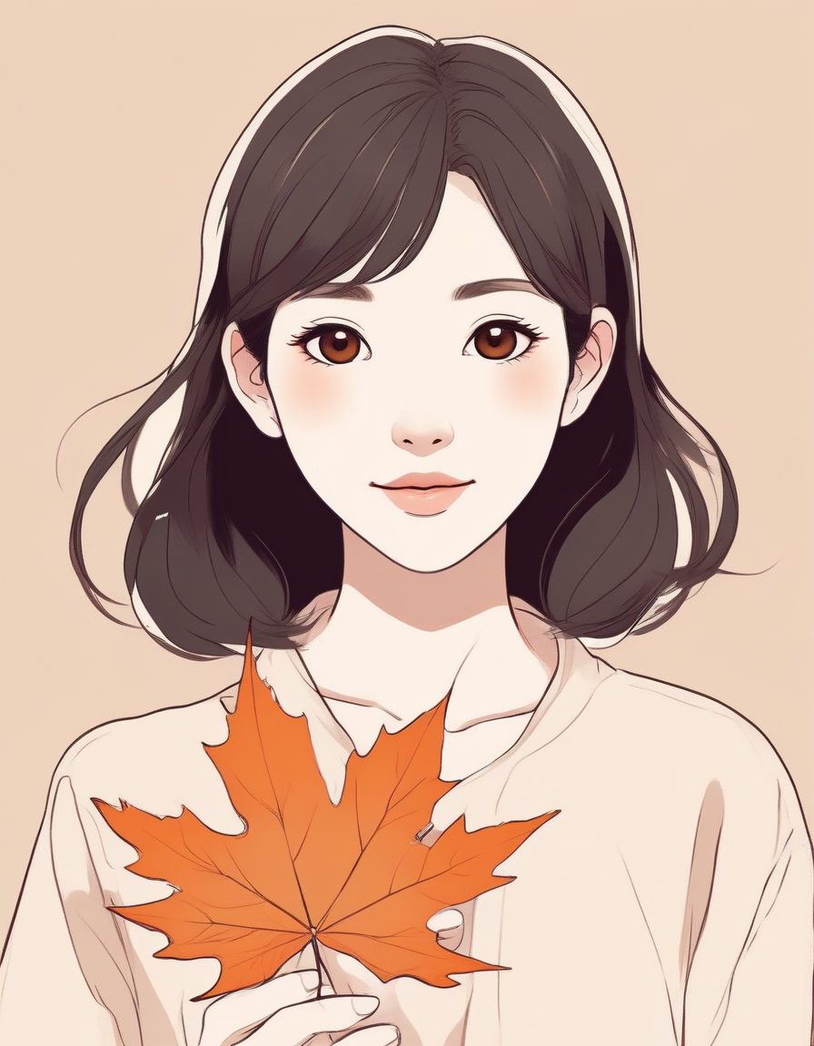 🍁拿着枫叶的温柔少女！秋日治愈系极简插画，奶茶色背景