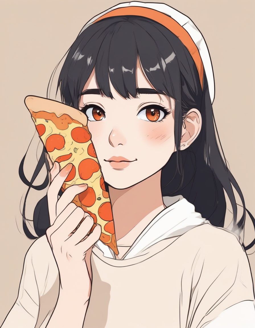 🍕拿着披萨的吃货少女！极简线条美食插画，活力橘色系头像