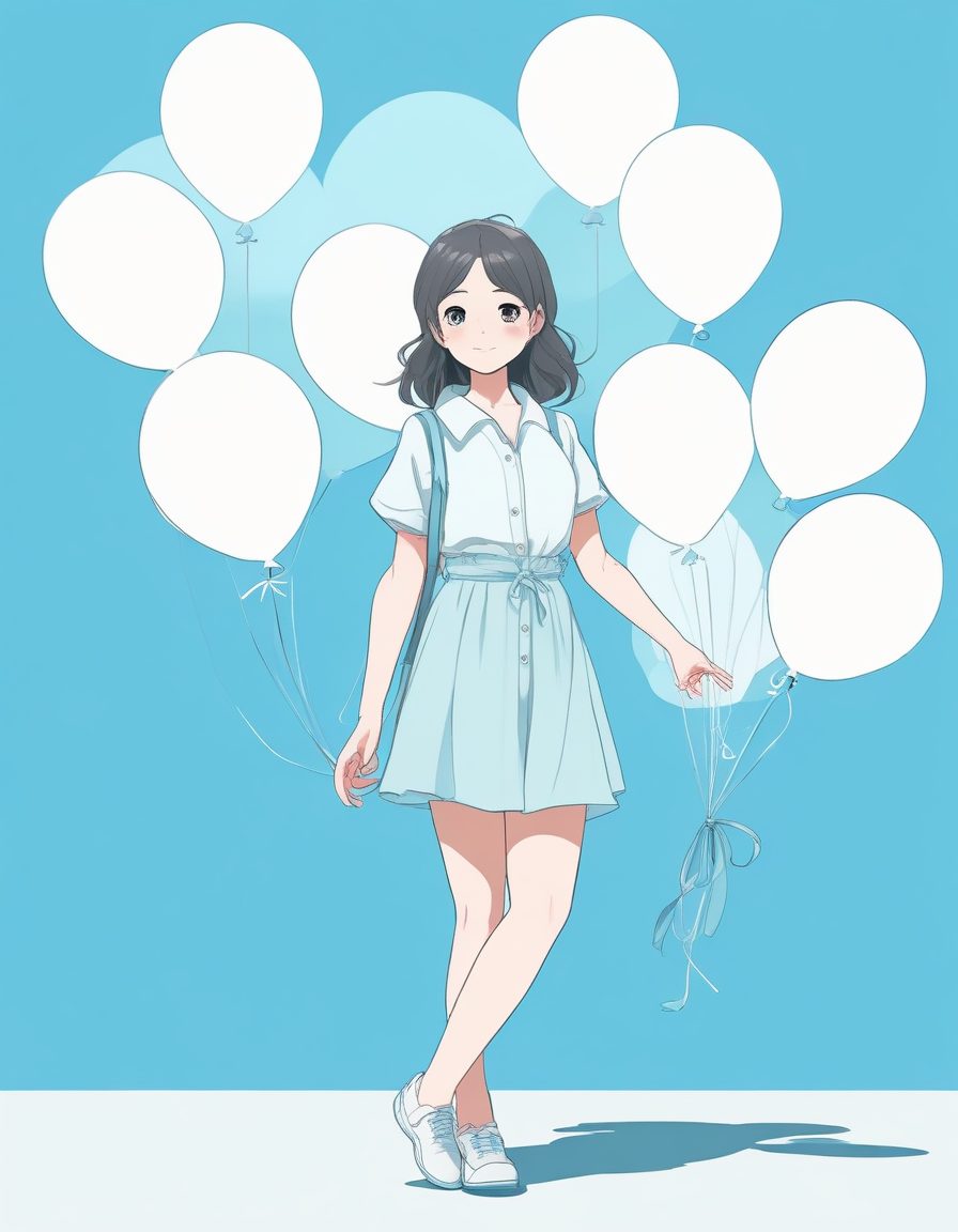 🎈拿着气球的漂浮少女!梦幻极简插画,天空蓝治愈系壁纸