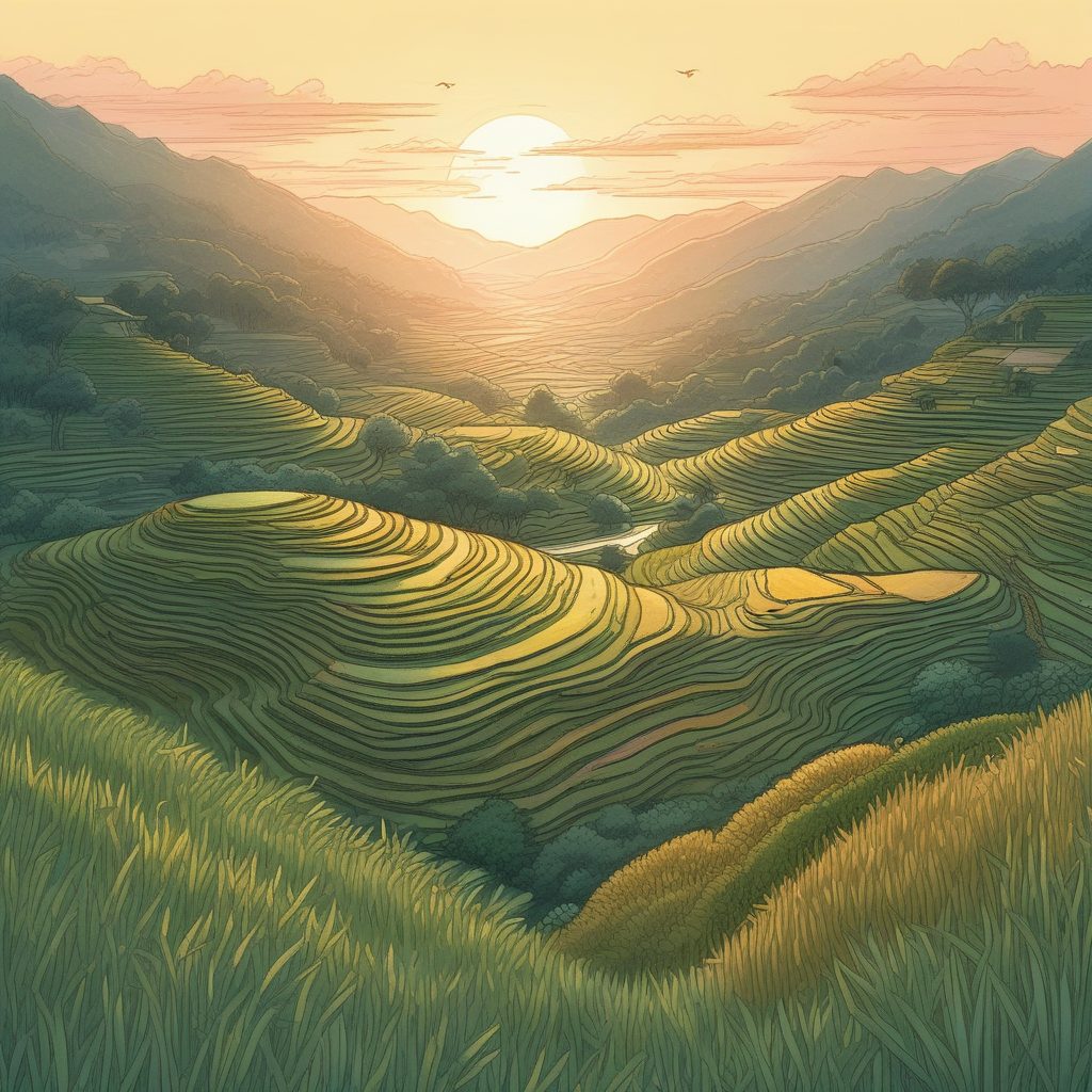 🌾奶油色系日出下的梯田！治愈系风景插画，最适合做桌面美化！