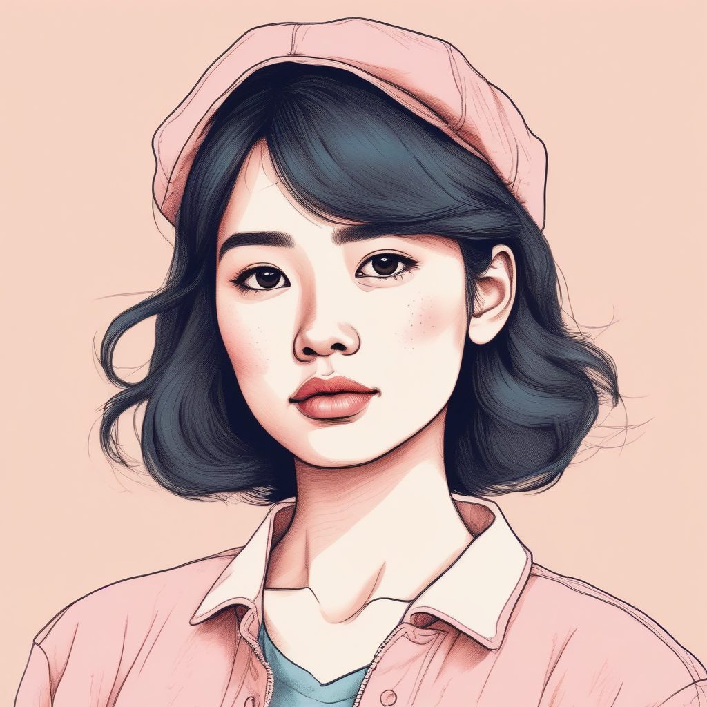 黏土颗粒感插画：Q版软萌线稿女孩肖像，彩色铅笔笔触，粉蓝色系。